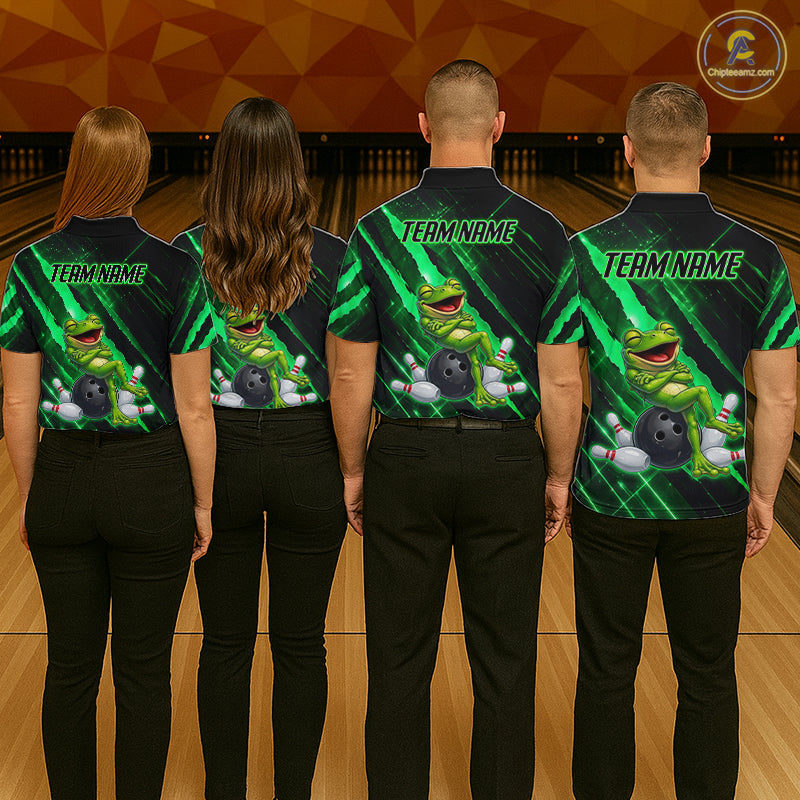 Custom Green Funny Frog Bowling Shirt for Men Bowling Jersey Polo & 1/4 Zip Bowling Outfit QZT1026