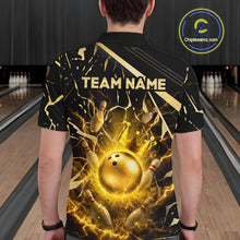 Load image into Gallery viewer, Male model wearing a custom black gold bowling polo shirt back view displaying the personalized team name above a glowing bowling ball with lightning energy artwork at the bowling alley