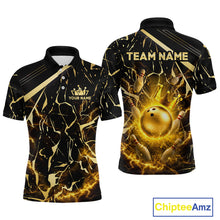 Load image into Gallery viewer, Front and back view custom black gold bowling polo shirt featuring a glowing bowling ball, lightning energy effect and black gold marble crack pattern, personalized with team name and player name