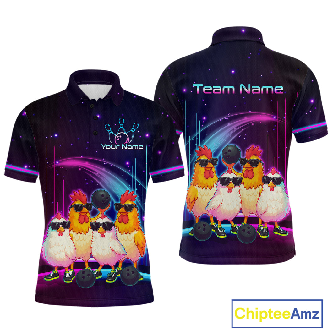 Neon Funny Family of Four Chicken Bowling Team Shirt for Men Bowling League Jersey QZT787