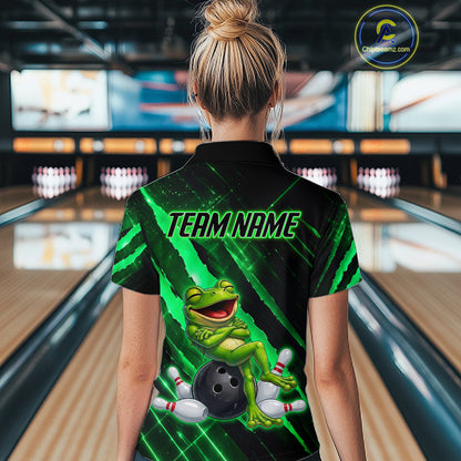 Custom Green Funny Frog Bowling Shirt for Women Bowling Jersey Polo & 1/4 Zip Bowling Outfit QZT1026