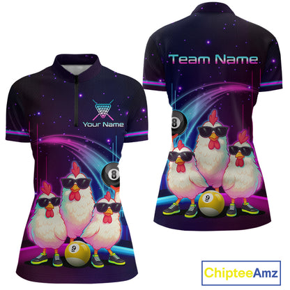 Front and back views of a short-sleeve zip-neck polo shirt with a colorful cosmic print and cartoon chickens wearing sunglasses, shown on a white background 