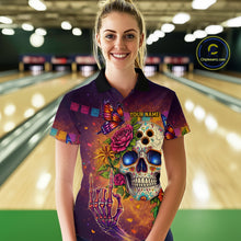 Load image into Gallery viewer, Custom Funny Sugar Skull Bowling Shirt for Women Bowling Team Jersey Polo &amp; Quarter-Zip Bowling Outfit  QZT909