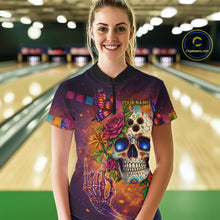 Load image into Gallery viewer, Custom Funny Sugar Skull Bowling Shirt for Women Bowling Team Jersey Polo &amp; Quarter-Zip Bowling Outfit  QZT909