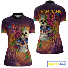 Load image into Gallery viewer, Custom Funny Sugar Skull Bowling Shirt for Women Bowling Team Jersey Polo &amp; Quarter-Zip Bowling Outfit  QZT909