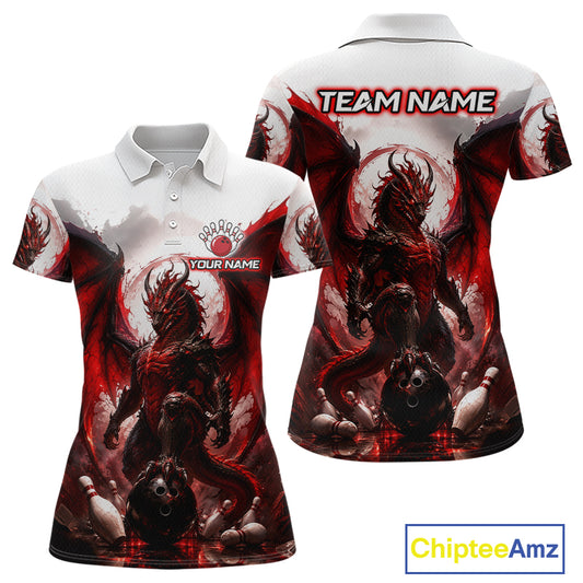 Custom Red Dragon Bowling Shirt for Women Bowling Team Jersey Polo & 1/4 Zip QZT1215