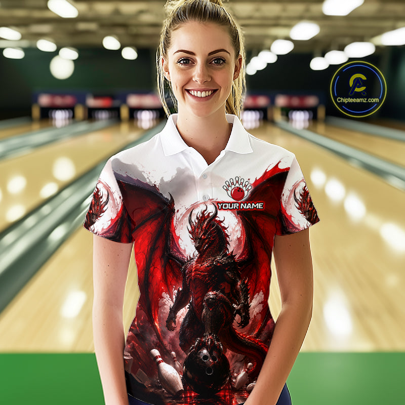 Custom Red Dragon Bowling Shirt for Women Bowling Team Jersey Polo & 1/4 Zip QZT1215