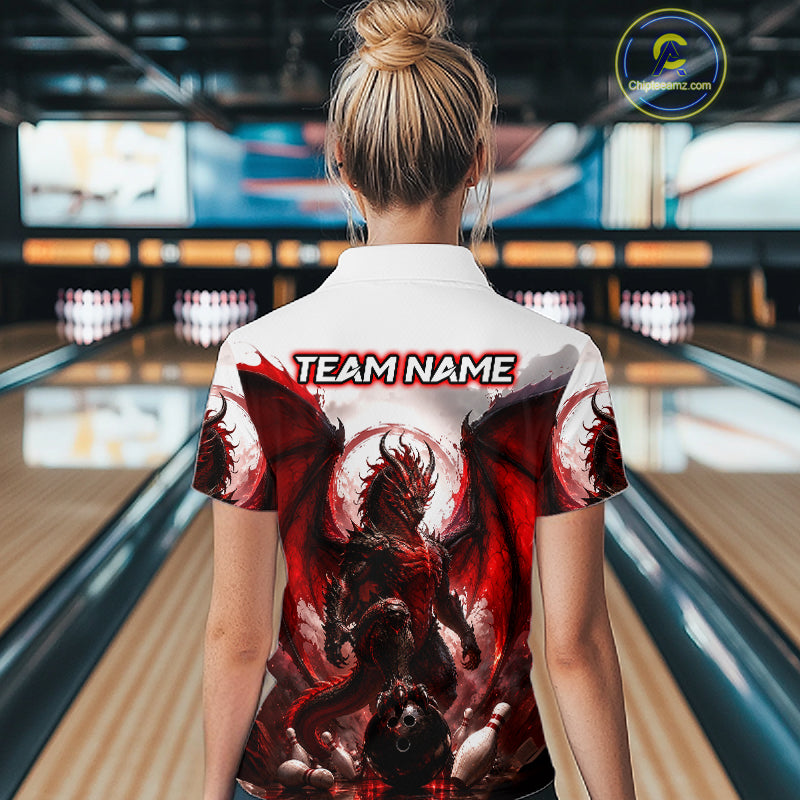 Custom Red Dragon Bowling Shirt for Women Bowling Team Jersey Polo & 1/4 Zip QZT1215