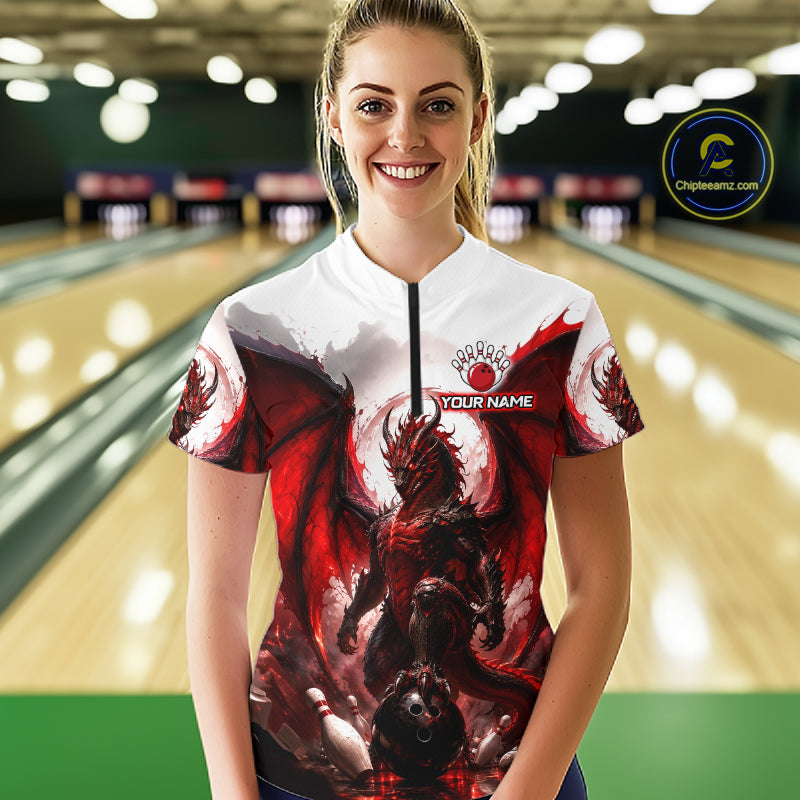 Custom Red Dragon Bowling Shirt for Women Bowling Team Jersey Polo & 1/4 Zip QZT1215