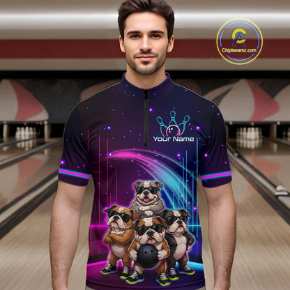 Custom Team Funny Bulldog Bowling Shirt for Men Neon Bowling Jersey Polo & 1/4-Zip QZT1217
