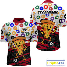 Load image into Gallery viewer, Two views of a pizza-themed billiard jersey with colorful design elements and 'Team Name' text.