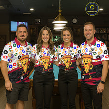 Load image into Gallery viewer, Four people wearing matching colorful shirts with pizza designs in a casual setting.