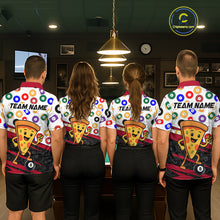 Load image into Gallery viewer, Four people wearing colorful bowling shirts with pizza designs in a billiard alley.