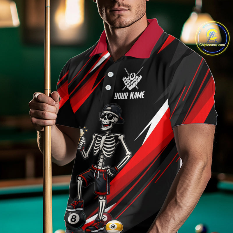 Person wearing a black and red  shirt with a skeleton design, holding a pool cue on a pool table.