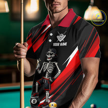 Load image into Gallery viewer, Person wearing a black and red  shirt with a skeleton design, holding a pool cue on a pool table.