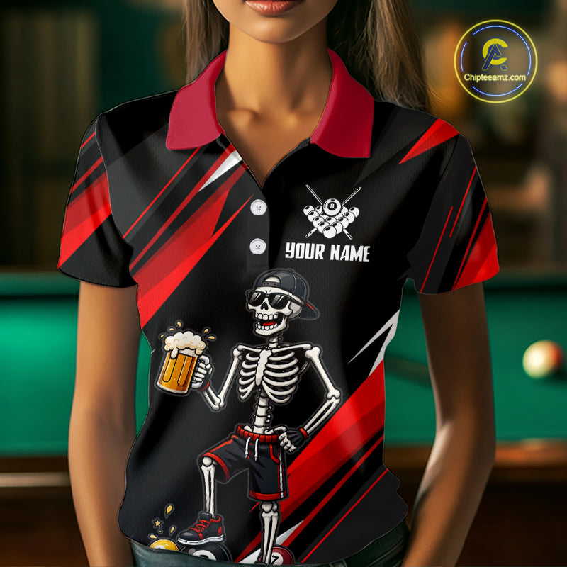 Person wearing a black and red polo shirt with a skeleton design and 'Your Name' text, pool table in the background.