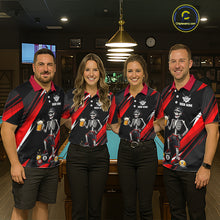Load image into Gallery viewer, Four people wearing matching bowling shirts with skeleton and beer graphics in a bowling alley.