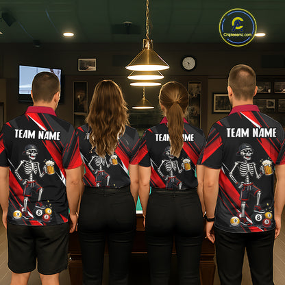 Four people wearing matching bowling shirts with a skeleton design in a bowling alley.