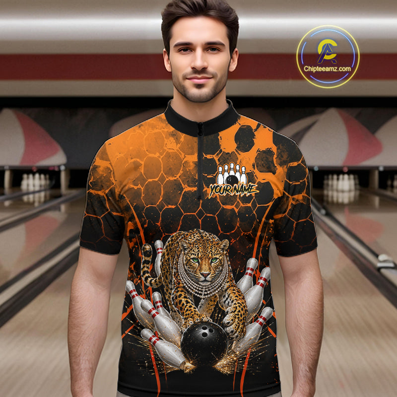 Orange Diomond Leopard Bowling Shirt for Men Custom Bowling Jersey Polo & Quarter-Zip QZT1028
