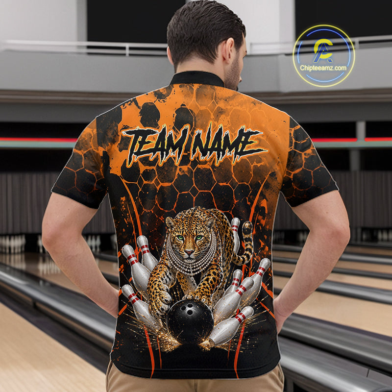 Orange Diomond Leopard Bowling Shirt for Men Custom Bowling Jersey Polo & Quarter-Zip QZT1028