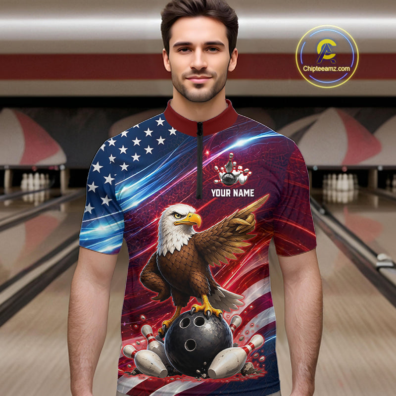 Custom American Flag Eagle Bowling Shirt for Men Patriotic Bowling Jersey Polo & Quarter-Zip QZT1030