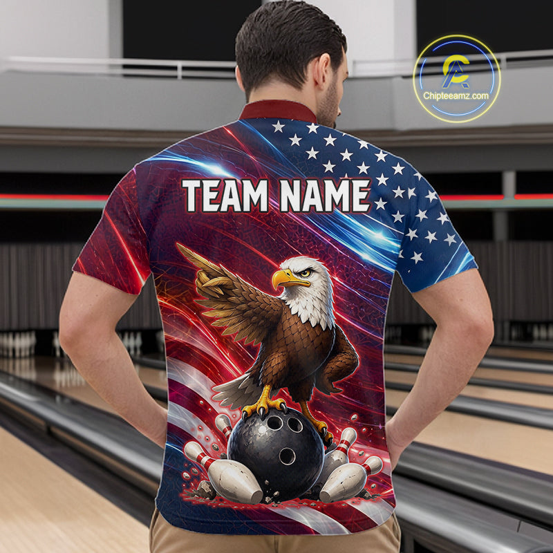 Custom American Flag Eagle Bowling Shirt for Men Patriotic Bowling Jersey Polo & Quarter-Zip QZT1030