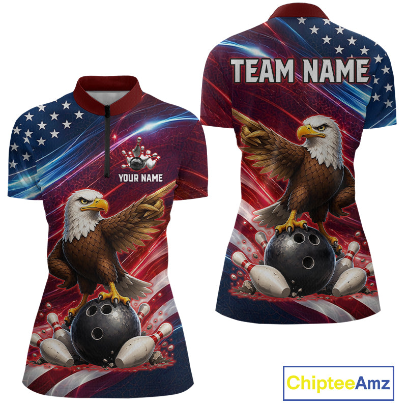 Custom American Flag Eagle Bowling Shirt for Women Patriotic Bowling Jersey Polo & Quarter-Zip QZT1030
