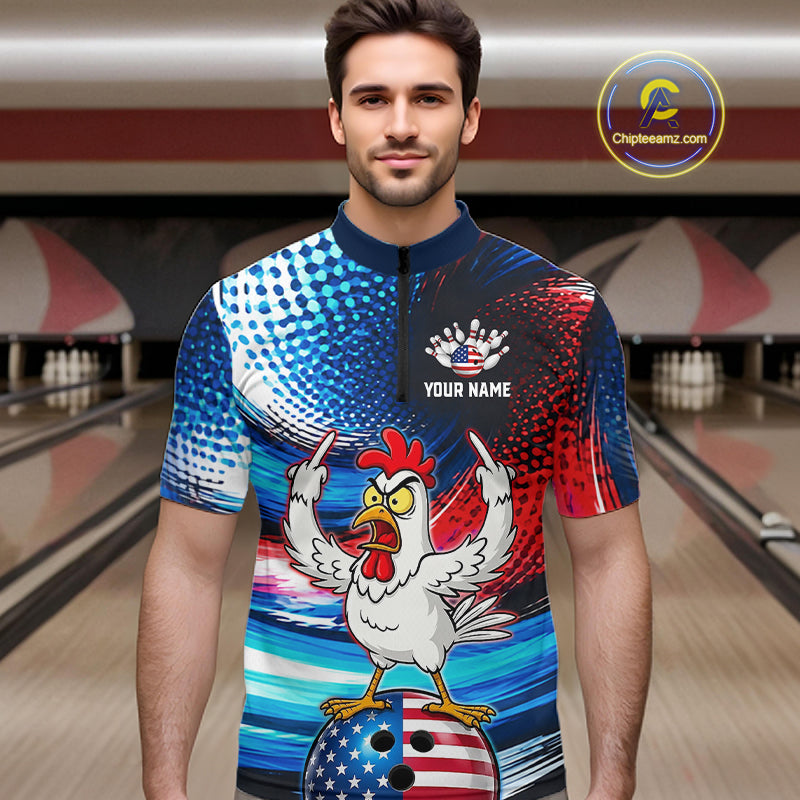 Custom American Flag Chicken Bowling Shirt for Men Patriotic Bowling Jersey Polo & Quarter-Zip QZT1031