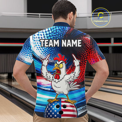 Custom American Flag Chicken Bowling Shirt for Men Patriotic Bowling Jersey Polo & Quarter-Zip QZT1031