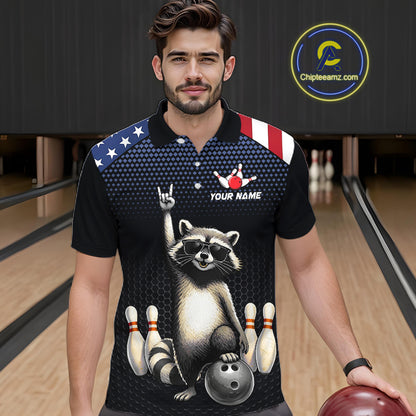 Custom American Flag Bowling Shirt Funny Raccoon Bowling League Jersey for Men Polo & 1/4-Zip QZT1220