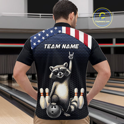 Custom American Flag Bowling Shirt Funny Raccoon Bowling League Jersey for Men Polo & 1/4-Zip QZT1220