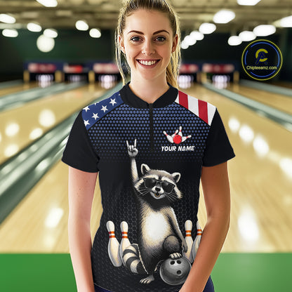 Custom American Flag Bowling Shirt Funny Raccoon Bowling League Jersey for Women Polo & 1/4-Zip QZT1220