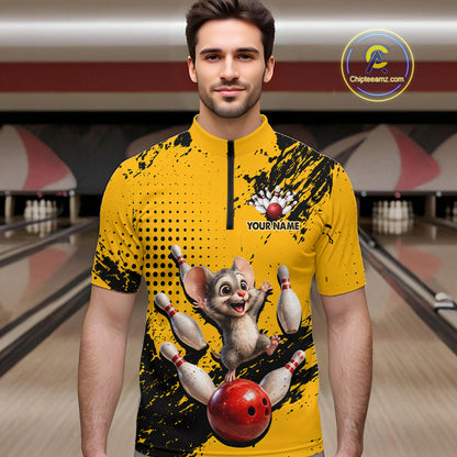 Black & Yellow Funny Mouse Bowling Team Shirt for Men Custom Bowling Jersey Polo & Quarter-Zip QZT1032