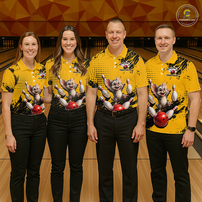 Black & Yellow Funny Mouse Bowling Team Shirt for Men Custom Bowling Jersey Polo & Quarter-Zip QZT1032