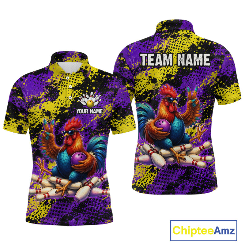 Purple & Yellow Chicken Bowling Shirt for Men Custom Bowling Jersey Rooster Polo & 1/4-Zip QZT1034