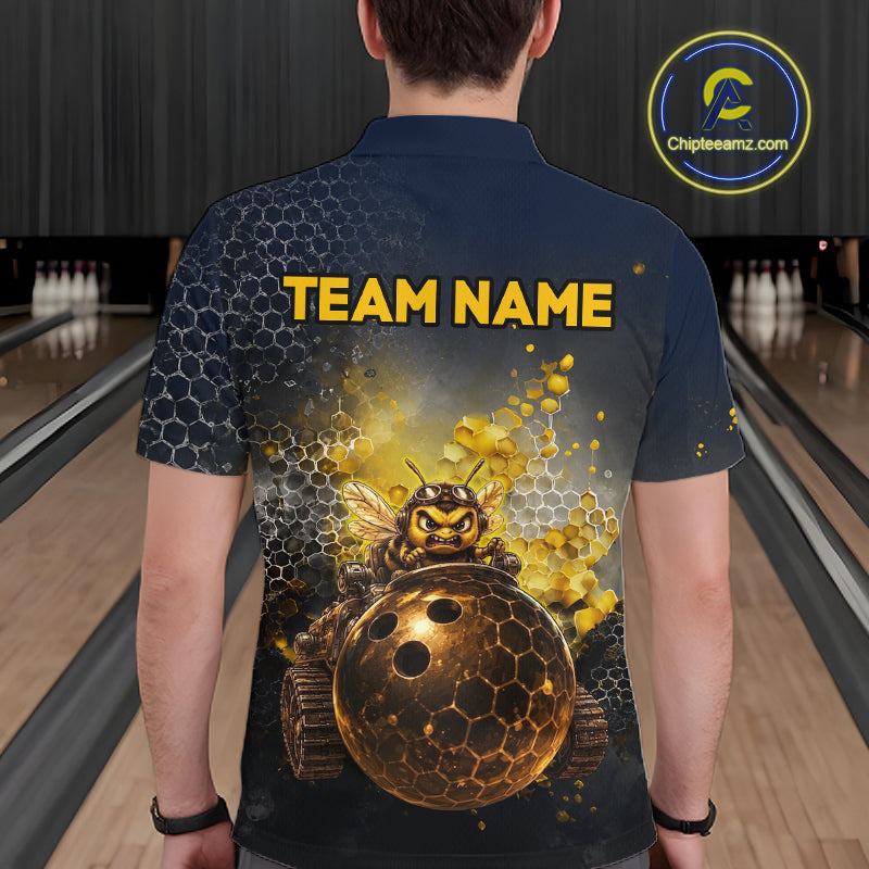 Man wearing custom black & gold funny bee bowling polo shirt, back view mockup with team name design.