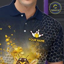 Load image into Gallery viewer,  Close-up collar view of custom black &amp; gold funny bee bowling polo shirt with personalized name detail.