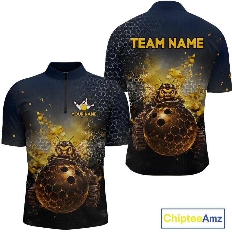 Custom black & gold funny bee bowling quarter-zip shirt, front and back views, bowling league jersey for men