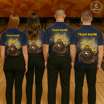 Bowling team wearing custom black & gold funny bee bowling shirts, group back view mockup with team name design.