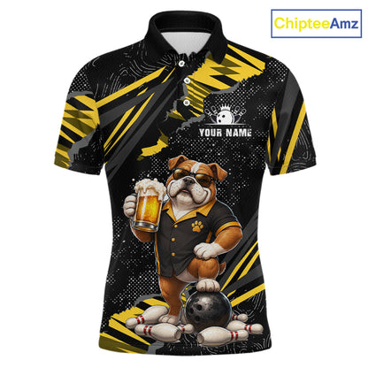 A short-sleeve polo shirt with a black and yellow abstract pattern, featuring a custom graphic of a bulldog wearing a bowling jersey and holding a beer mug, with bowling pins and a ball at the base. The shirt includes a placeholder chest graphic reading 'YOUR NAME' and a 'ChipteeAmz' logo in the top right corner.