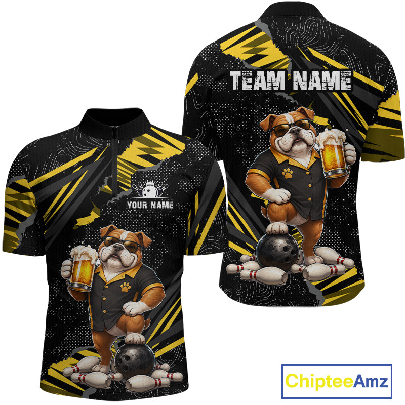 Custom short-sleeve quarter-zip jerseys shown from the front and back, featuring a bulldog mascot graphic holding beer mugs and a bowling ball, with black and yellow graphic patterns and customizable text areas.