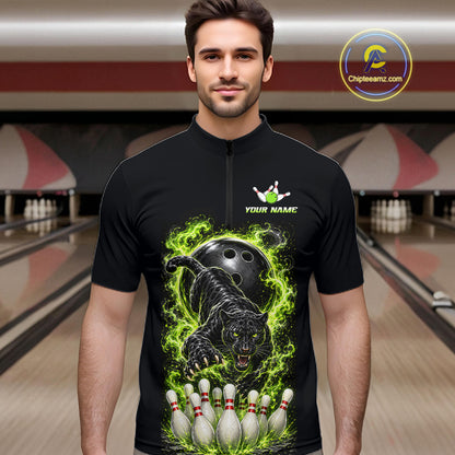 Custom Green Flame Panther Bowling Shirt for Men Bowling Team Jersey Polo & Quarter-Zip QZT1231
