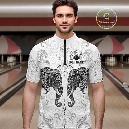 Man wearing custom black & white tribal elephant  bowling 1/4 zip shirt, front view mockup, personalized bowling league jersey.