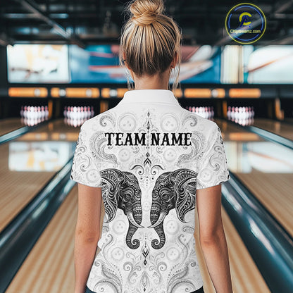 Woman wearing custom black & white tribal elephant bowling polo shirt, back view mockup, personalized bowling league jersey.