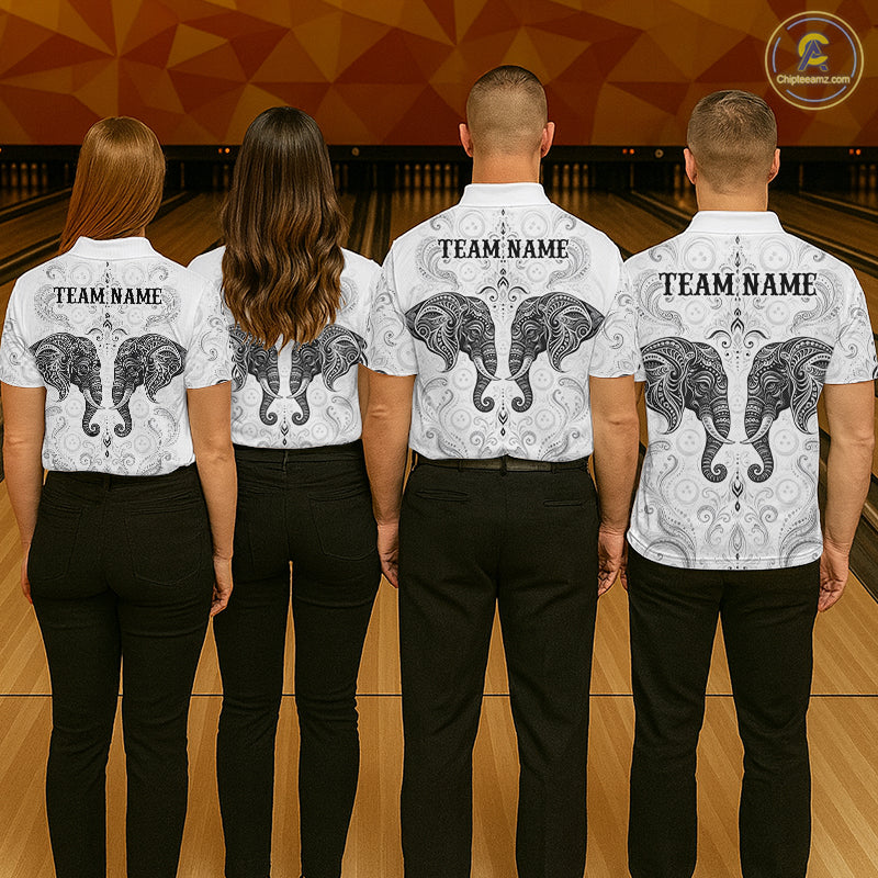 Bowling team wearing custom black & white tribal elephant bowling shirts, group back view mockup, personalized team jerseys.