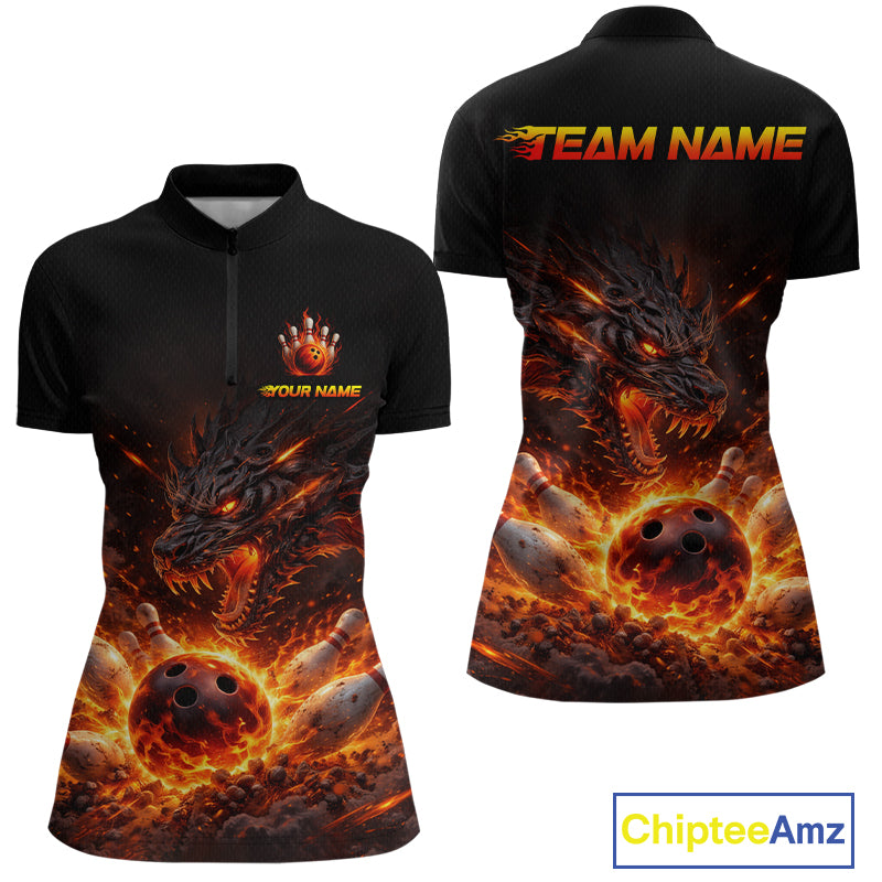 Custom Flame Dragon Bowling Shirt for Women Bowling Jersey Polo & Quarter-Zip Bowling Outfit QZT996