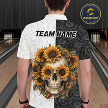 Load image into Gallery viewer, Person wearing a shirt with a skull and sunflower design on a bowling alley.