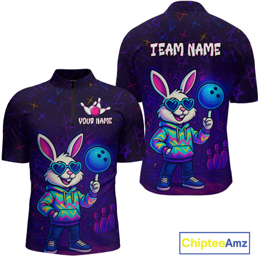 Custom Neon Funny Bunny Bowling Team Shirt Polo & 1/4 Zip Bowling Jersey for Men QZT789