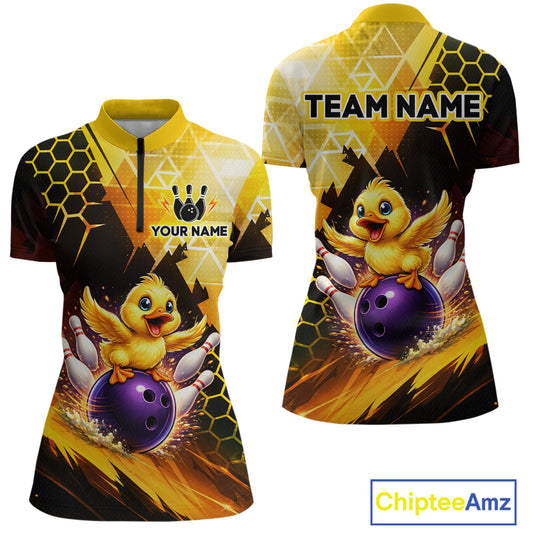 Custom Funny Duck Bowling Team Shirt for Women Yellow Bowling League Jersey Polo & 1/4 Bowling Outfit  QZT958