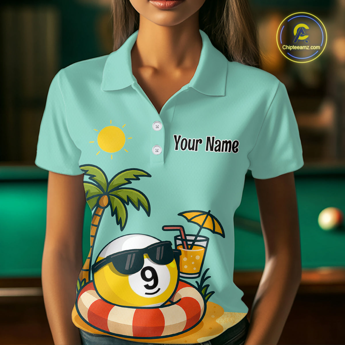Custom Funny 9 Ball Billiard Shirts for Women Summer Billiard Jersey Polo & 1/4 Zip Pool Shirt BHT25